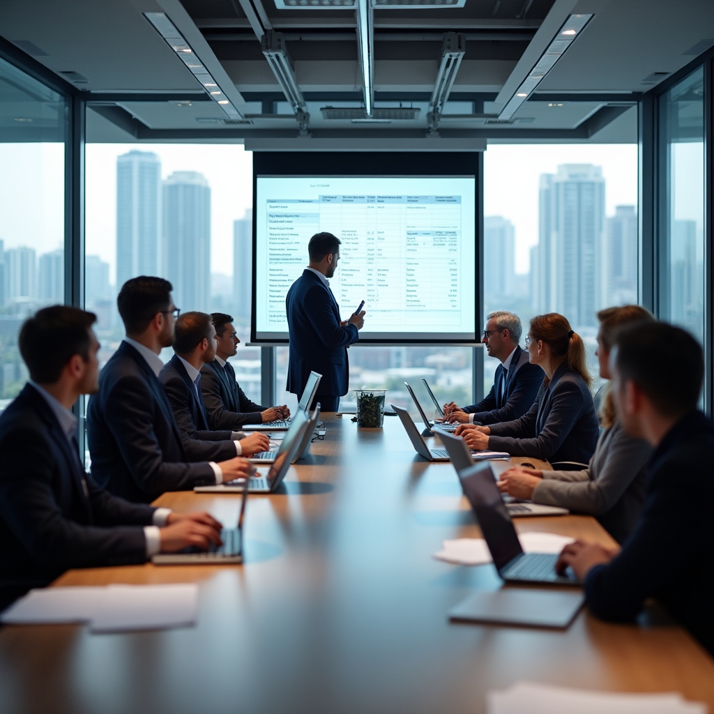 Professional employees in business casual attire at workshop tables with laptops and printed financial worksheets in modern office setting