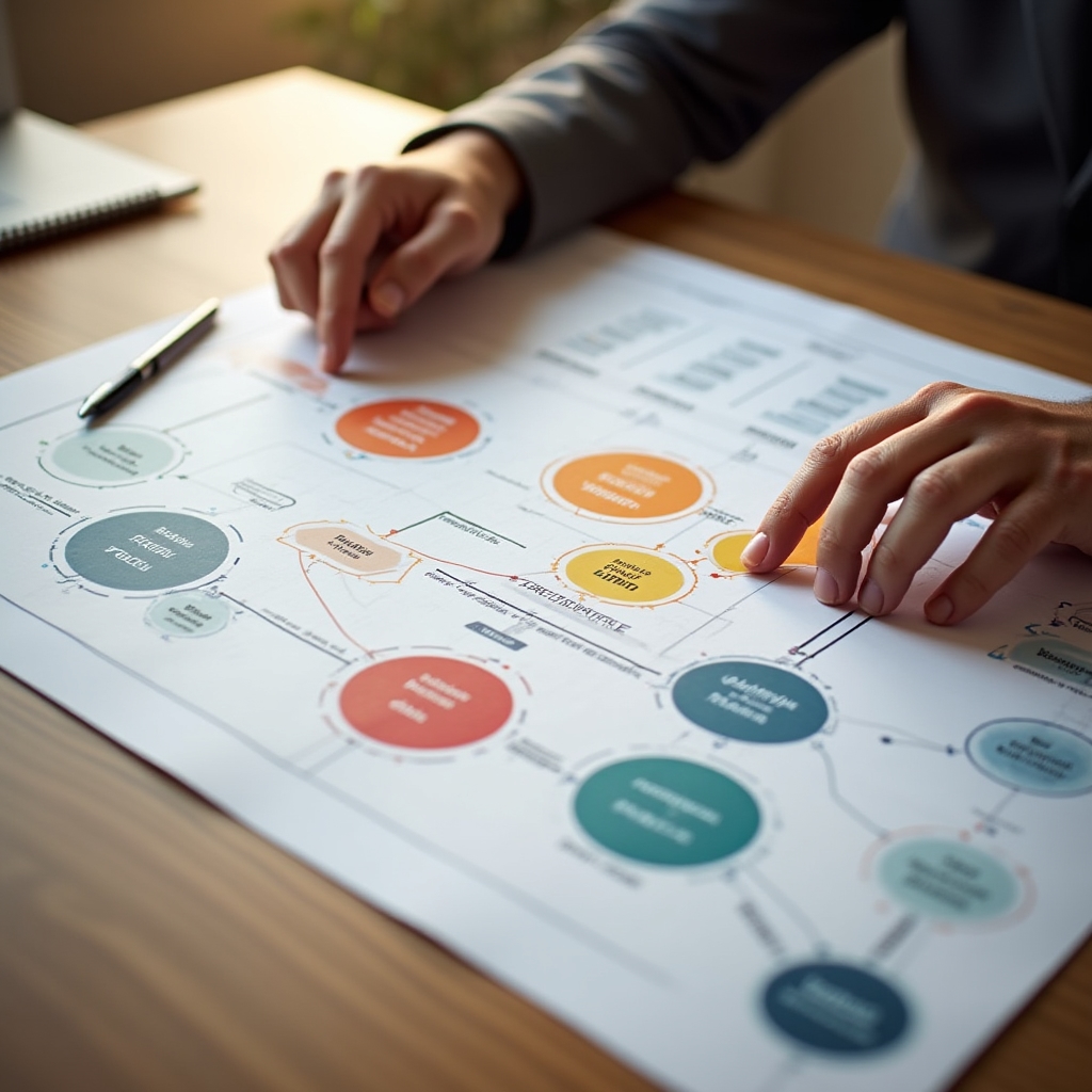Colourful visual expense map with category bubbles and flow lines printed on large format paper on table