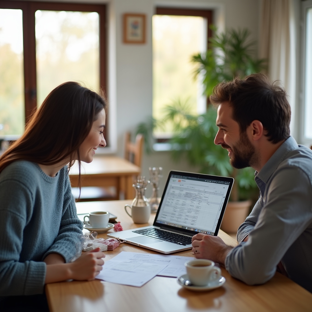 Family reviewing household budget together at kitchen table with laptop and documents