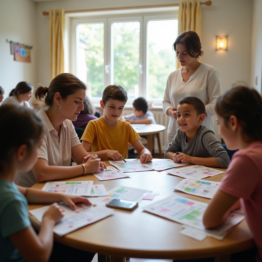 Parents and children at workshop tables with colourful budget worksheets, engaged family learning environment