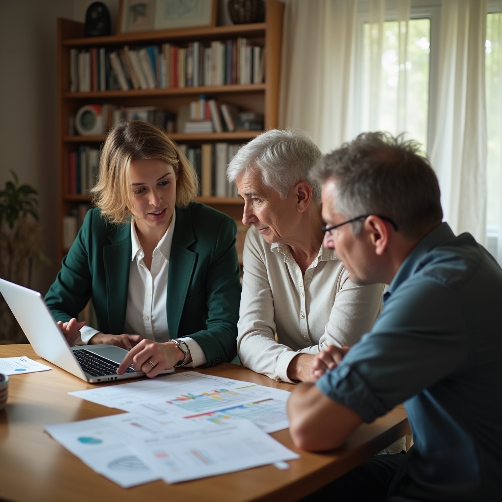 Financial analyst sitting with Croatian family around kitchen table reviewing documents together with laptop open