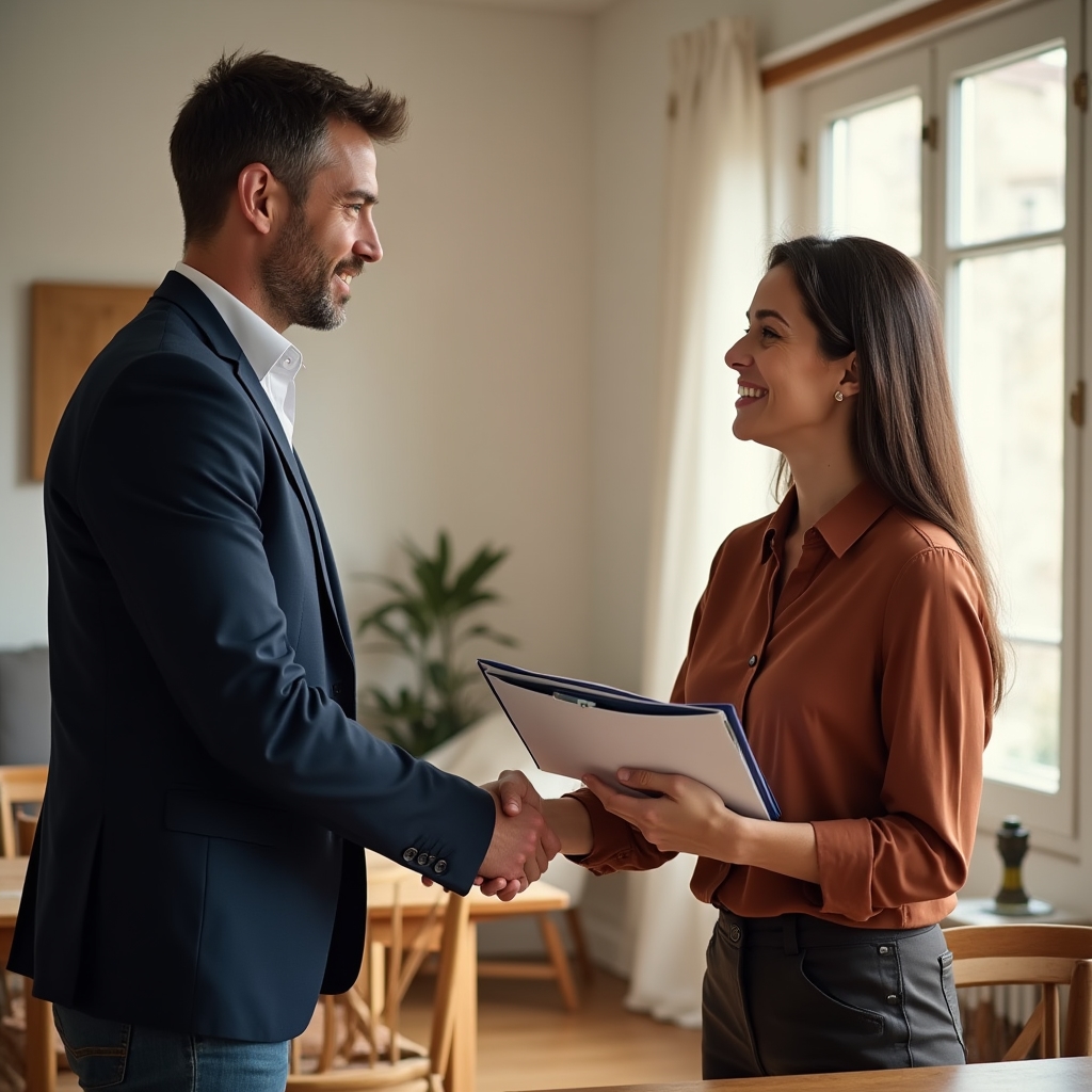 Financial consultant handing printed savings plan document to couple at meeting table with warm professional atmosphere