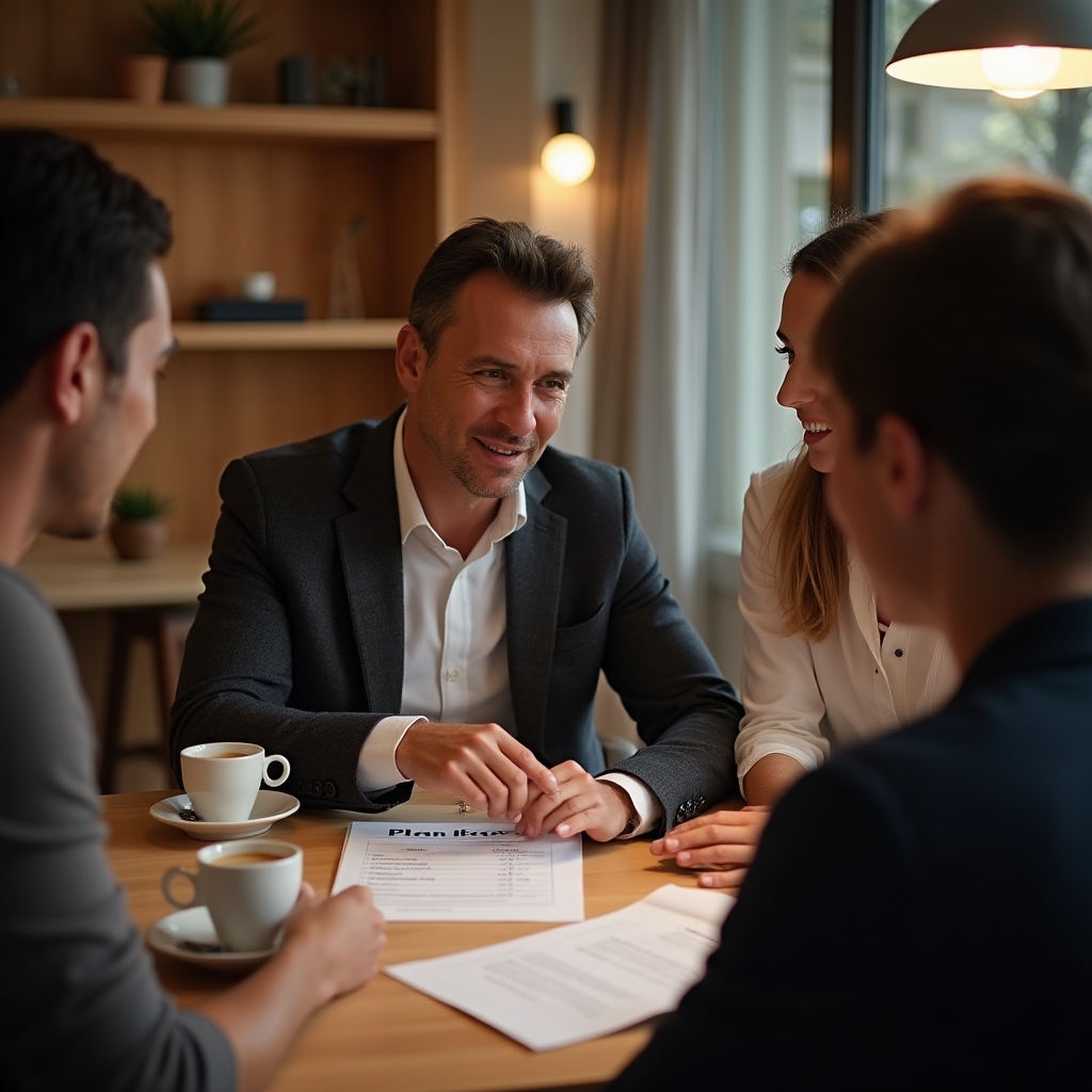 Financial advisor and family reviewing printed savings plan document at dining table with coffee cups