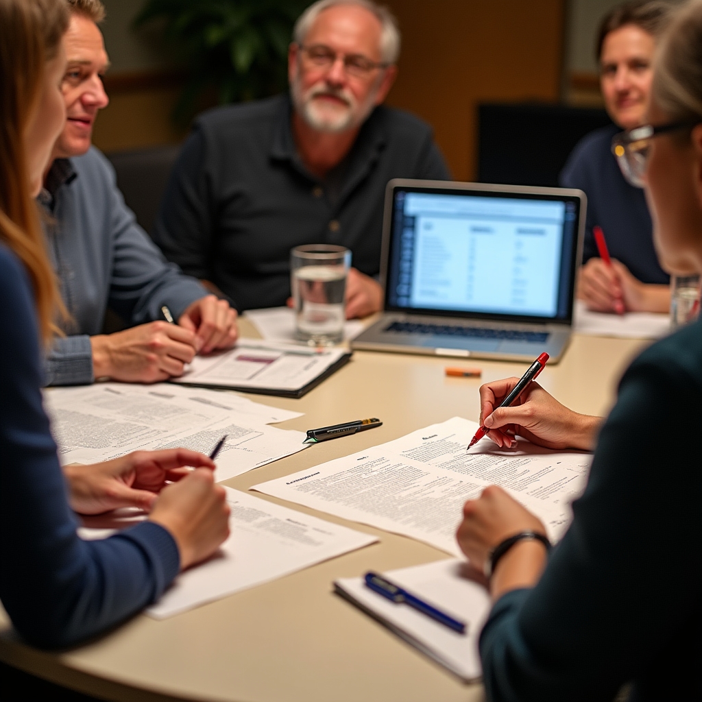 Workshop participants reviewing printed subscription lists and digital screens showing recurring payment categories